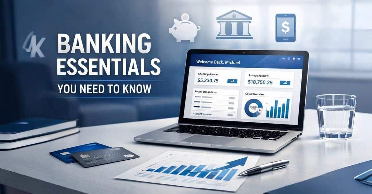 Person managing banking accounts on laptop showing online banking dashboard with savings and checking accounts β 2026 guide