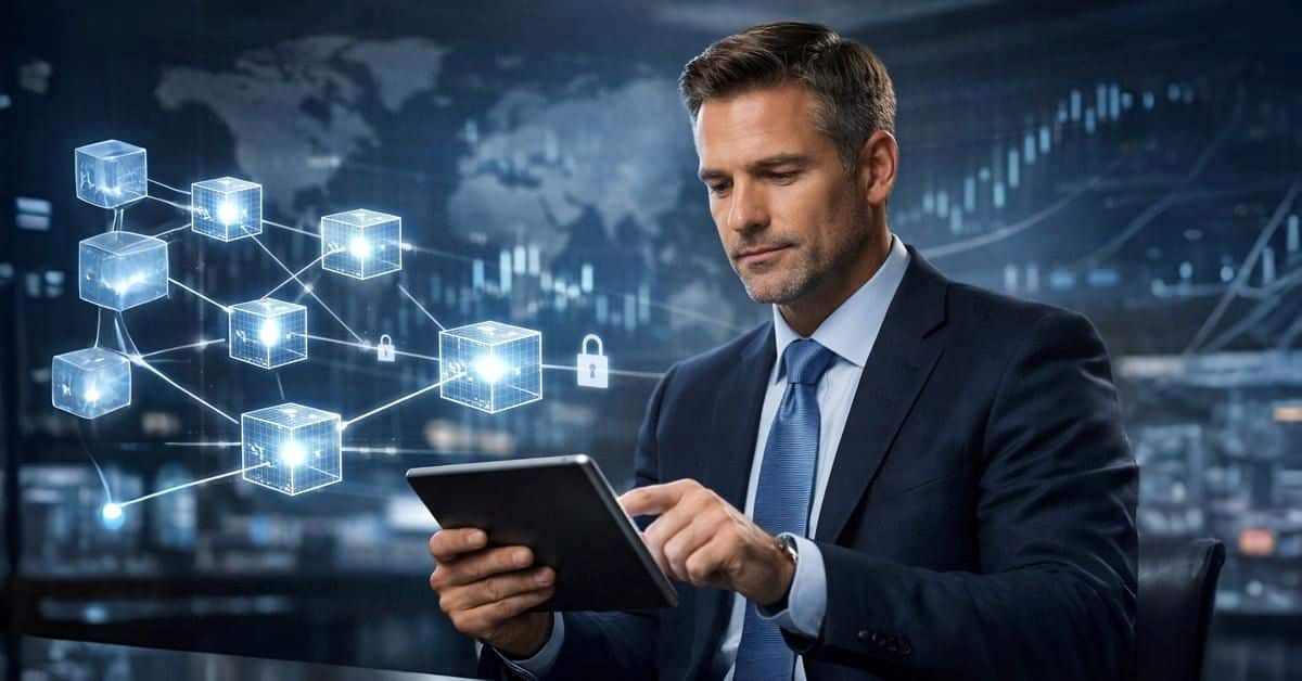 Blockchain distributed ledger technology visualization showing digital nodes, smart contracts and enterprise adoption statistics 2026