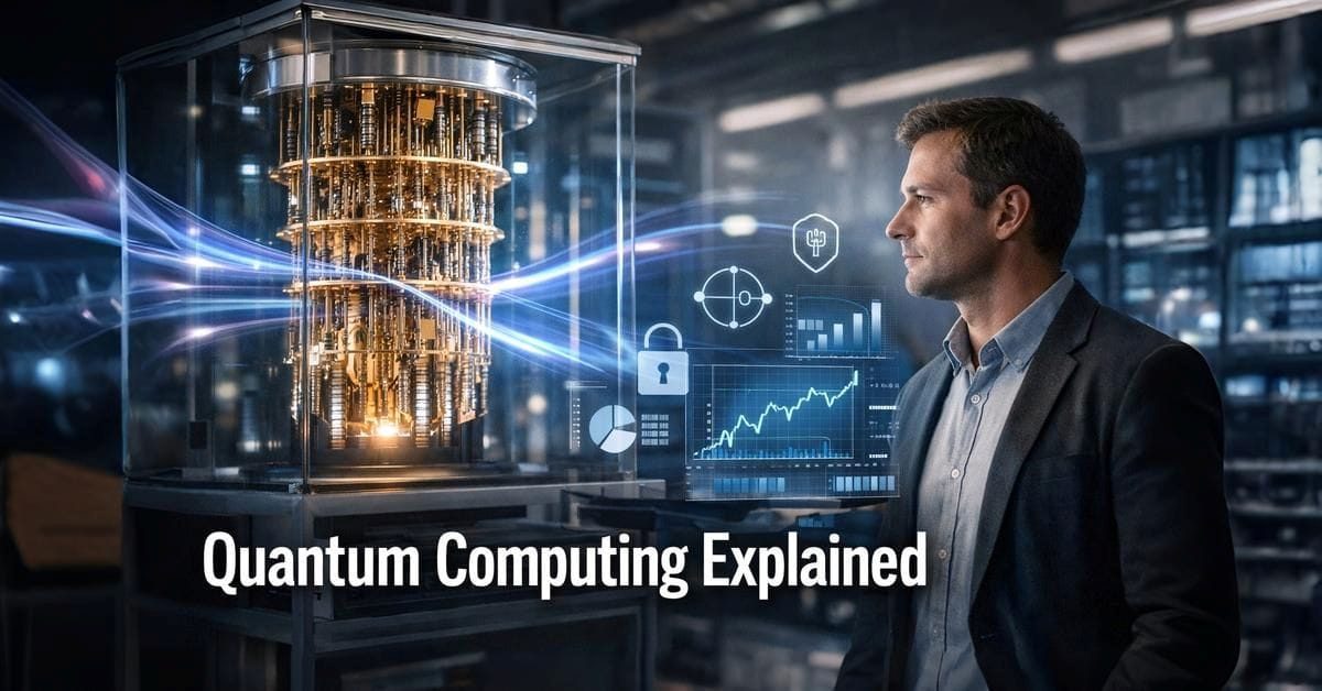 Quantum computing explained β IBM superconducting qubit processor showing quantum circuit array with 2026 breakthroughs visualization