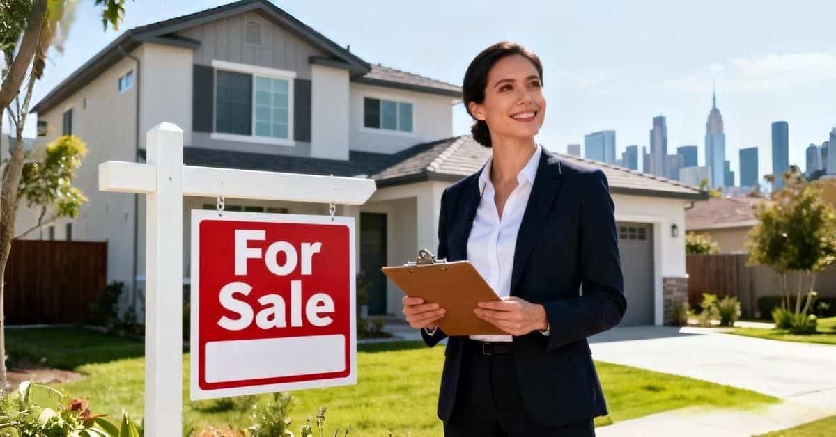 Professional real estate agent showing a modern home to buyers in 2026 US housing market β complete buying and investing guide