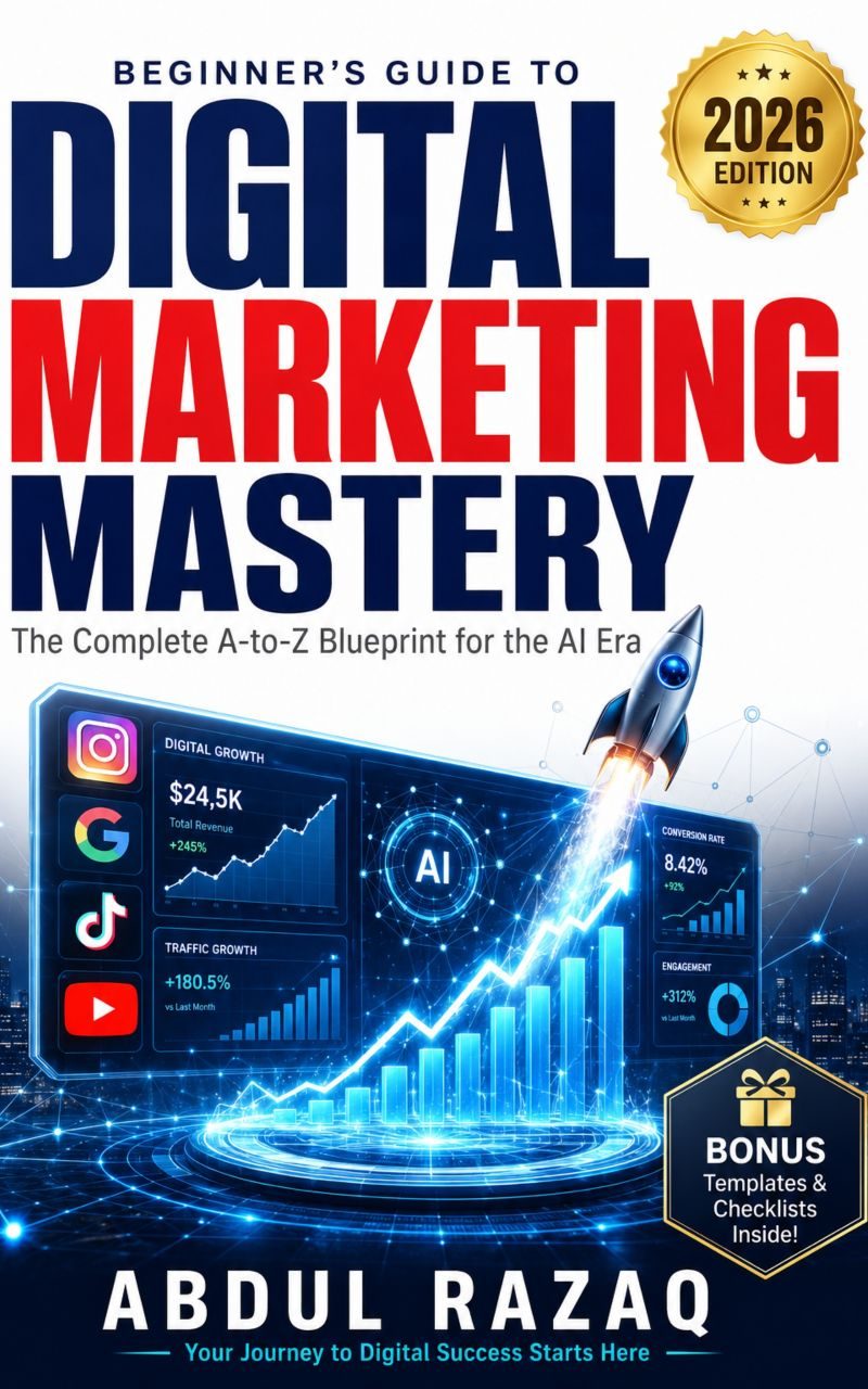 Digital Marketing for Beginners 2026 eBook Cover β Beginner's Guide to Digital Marketing Mastery by Abdul Razaq, A-to-Z Blueprint for the AI Era