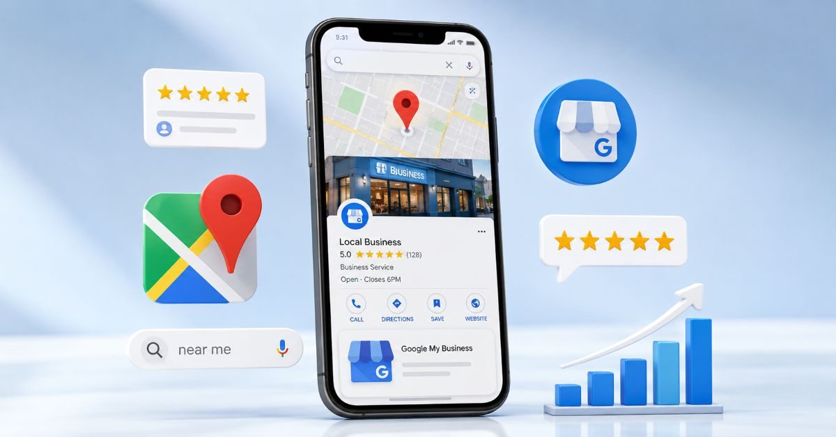 Google My Business SEO 2026 β local search optimization showing Google Maps 3-pack ranking, 5-star reviews and Business Profile on smartphone