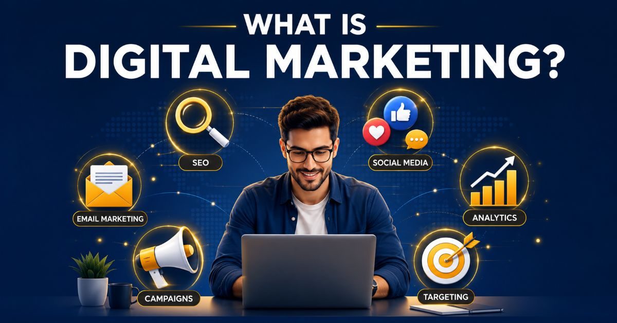 What is digital marketing β illustration of SEO, social media, email and analytics channels